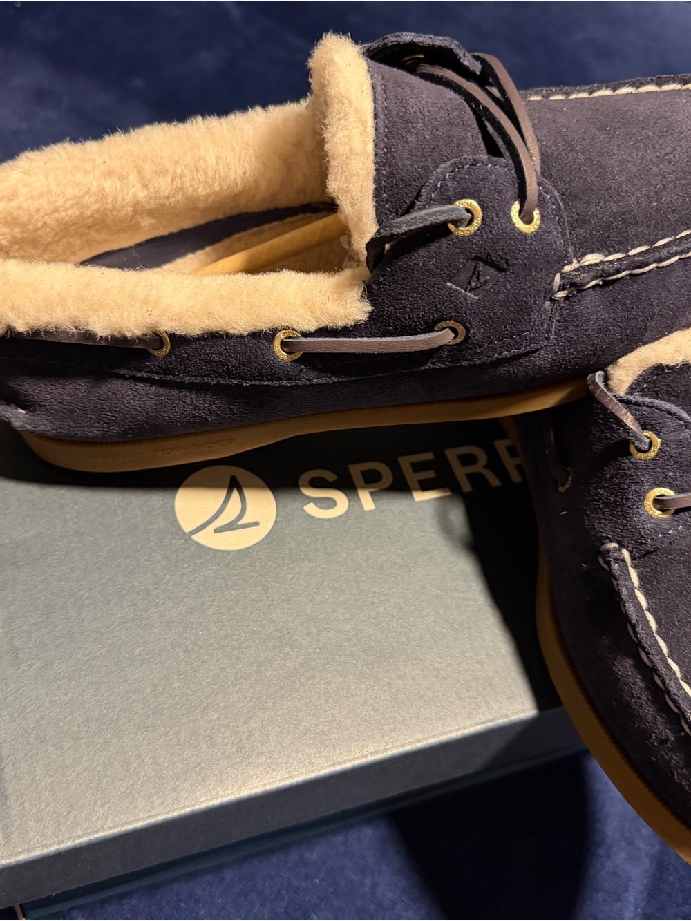 Sperry Men’s Navy Suede Shearling-Lined Boat Moccasins